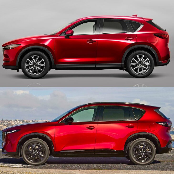 従来型（上）と新型（下）のサイドビュー。ルーフラインやCピラー、リアドアガラス、リアクオーターガラス等を見ると、両者のスタイリングの違いが分かりやすい。