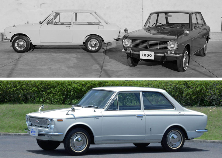 1966年にデビューした初代「ダットサン・サニー」（上）と、初代「トヨペット・カローラ」（下）。