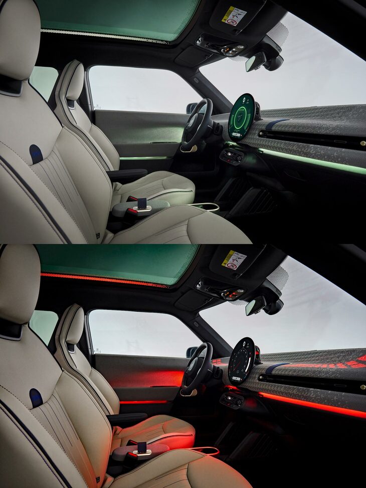 「MINIクーパー」の車内空間は、イルミネーションやプロジェクターの光によって、その雰囲気がガラリと変わる。モードによっては、電装品などの作動音や走行時の疑似サウンド（BEV）なども変えられる。