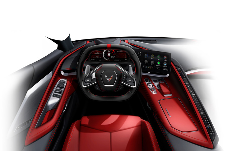 「C8コルベット」のインテリアデザインスケッチ。記者が覚えた「ジェット戦闘機みたい（乗ったことないけど）」という感覚を、共有できれば幸いである。