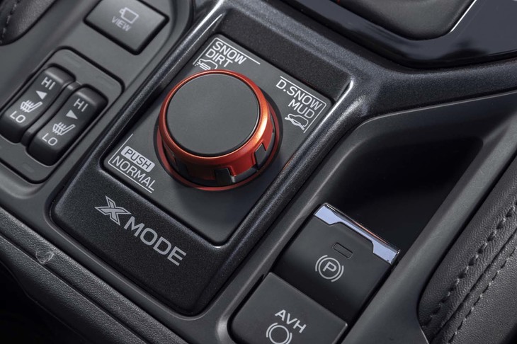 悪路走行をサポートする「X-MODE」は「スノー／ダート」と「ディープスノー／マッド」の2モード。ヒルディセントコントロールも付いている。