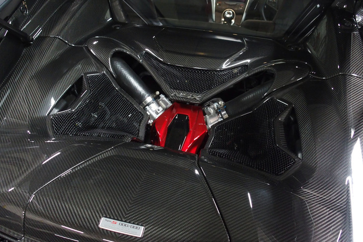 エンジンルームで目を引く赤いセンターカバーは、「NSXタイプS」の専用アイテム。システム最高出力は標準車より29PS高い610PS、システム最大トルクも21N・mアップした667N・mを誇る。
