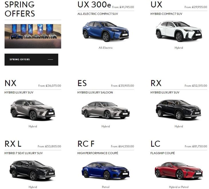 レクサスUK（イギリス）のオフィシャルサイト。ご覧の通り、スポーティーなクーペ「RC F」や「LC」を除き、ハイブリッドモデルしか選べない。
