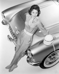 参考までにシボレーの広報写真から。曲芸パイロットのB.スケルトンと1957年コーヴェット。
