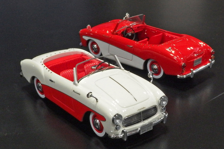 エブロの1/43レジン製「ダットサン・フェアレディSPL213」。初めてフェアレディの名を冠した「SPL212」のマイナーチェンジ版となる北米輸出専用車。予定価格1万0584円。