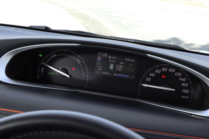 「シエンタ」のメーターパネル。ステアリングよりも上方から眺めるようにレイアウトされている。