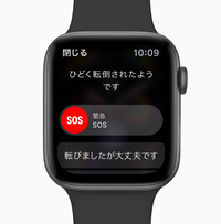 SSまたはアルミニウムケース。ケース径40mmまたは44mm。ケース厚10.7mm。50m耐水。単独でも電話やデータ通信ができるGPS +Cellularモデルと、リンクが必要なGPSモデルがある。前者はiOS 12以降を搭載のiPhone 6以降、後者はiOS 12以降を搭載のiPhone 5s以降対応。価格はそれぞれ5万6800円、4万5800円から。写真は転倒した時に表示される画面。「緊急連絡するかどうか」を問いかけてくれる。