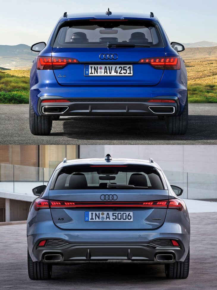 従来型の「A4アバント」（上）と新型「A5アバント」（下）の比較。　
	ほった「横方向に幅をひろげたというより、フェンダーを盛り上げたような感じがしますね」