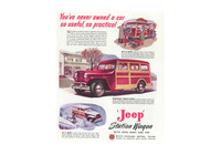 1960年代に、北米で販売促進を目的に展開された「ウィリス・ジープ ワゴン」のポスター。高い実用性や多様性、頑丈なスチールボディー、4WDによる雪道やぬれた路面での優れた走破性などがうたわれている。SUVの語源には諸説あるが、1980年代のアメリカ発祥とされることが多い。