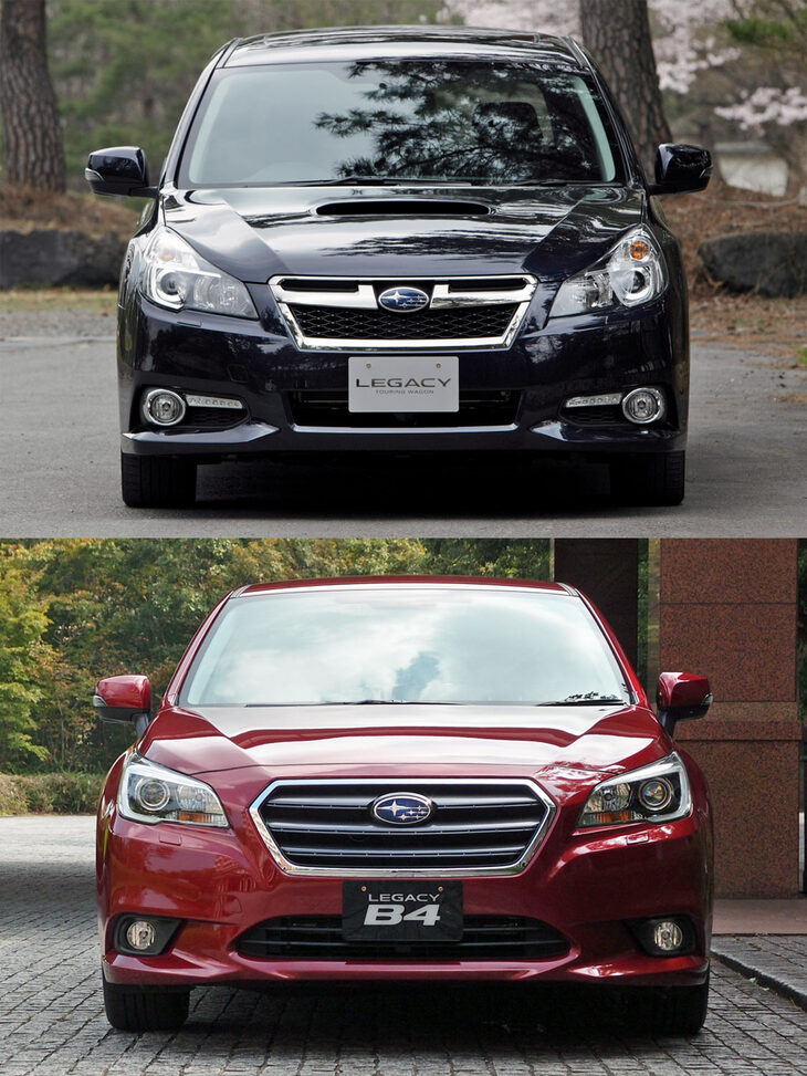 5代目（上）と6代目（下）の「レガシィ」の比較。5代目の写真が「ツーリングワゴン」で6代目が「B4」な点は、ご容赦ください（笑）。とにかくこのモデルチェンジで、レガシィの全幅は一気に60mmも拡大。全長も延びて、よりワイド＆ロングなクルマに変身した。
