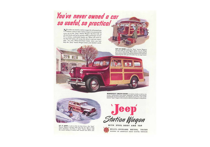 1960年代に、北米で販売促進を目的に展開された「ウィリス・ジープ ワゴン」のポスター。高い実用性や多様性、頑丈なスチールボディー、4WDによる雪道やぬれた路面での優れた走破性などがうたわれている。SUVの語源には諸説あるが、1980年代のアメリカ発祥とされることが多い。