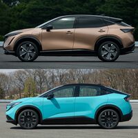 「アリア」（上）と新型「リーフ」（下）のサイドビュー。前者がドアパネルに大きなリフレクションの変化をつけているのに対し、後者はドアパネルの下部にキャラクターを一本走らせている程度で、非常に淡泊にまとめている。