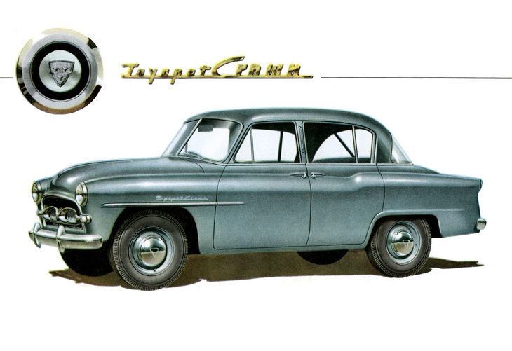 「トヨペット・クラウン」（RS）のカタログより。全長4.3m弱のボディーは観音開き式ドアが特徴。デビュー当初はモノグレードだった。