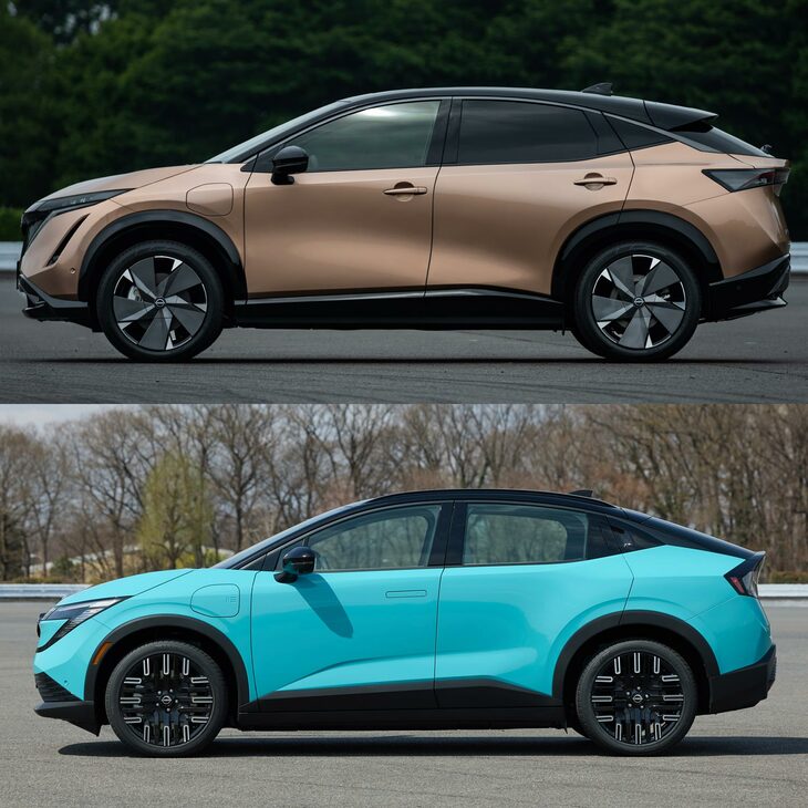 「アリア」（上）と新型「リーフ」（下）のサイドビュー。前者がドアパネルに大きなリフレクションの変化をつけているのに対し、後者はドアパネルの下部にキャラクターを一本走らせている程度で、非常に淡泊にまとめている。