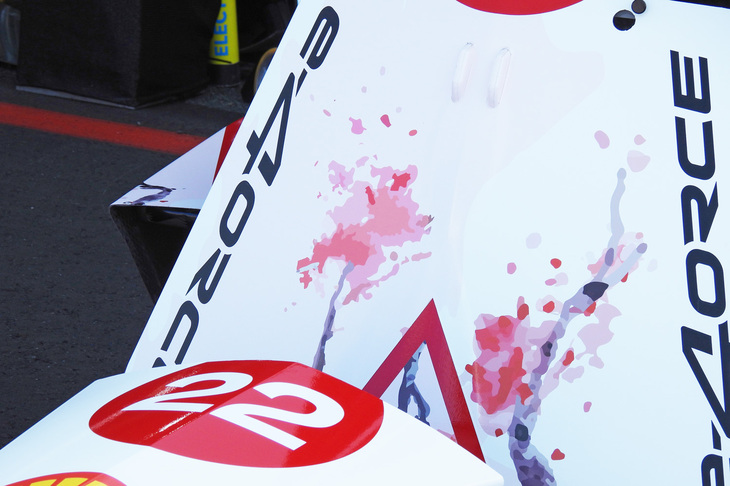 ニッサン フォーミュラEチームのレーシングカーは、日本大会では桜をちりばめた特別なカラーリングが施されていた。