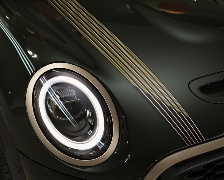 「レゾリュート・ブロンズ」と呼ばれる専用色の、ボンネットストライプおよびヘッドライトリング。