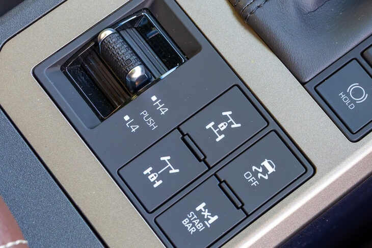 センターコンソールには、2つのデフロックやトラクションコントロールのオン／オフ、フロントスタビライザーのロック／フリーを操作するボタンを配置。左のツマミは副変速機のスイッチだ。ローレンジのギア比は2.566である。