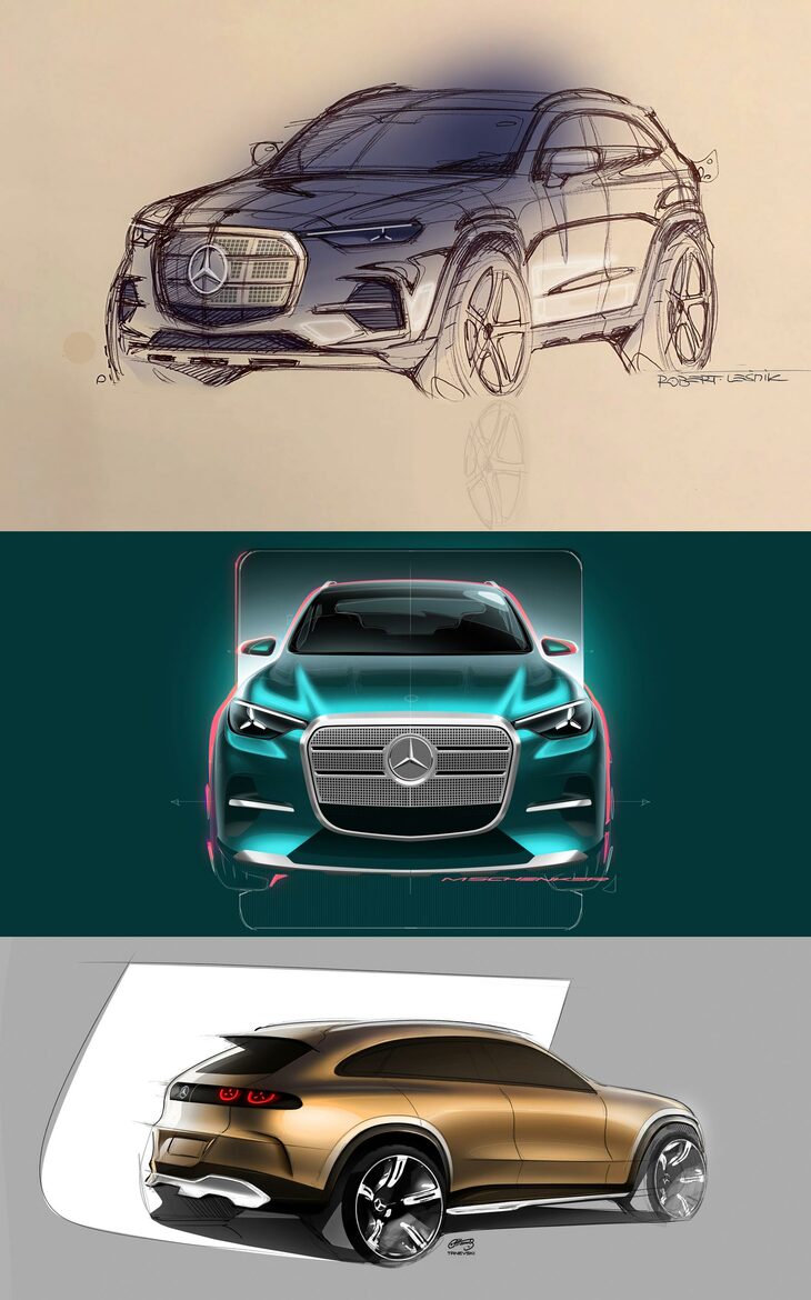 新型「GLC」のエクステリアのデザインスケッチ。　
	渕野「なにか、グリル以外にも新しいところがあったら、また印象が違ったのかもしれませんが……」