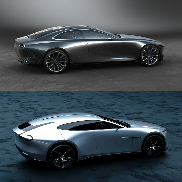 「ビジョン クーペ」（2017年）と「ビジョンXクーペ」（2025年）の比較。前者では、フロントタイヤの直後でボディーを大きく削り込み、ぐっとタメをつくってからフロントフェンダー、前後ドアパネルを通して大きな“後ろ下がり”となるリフレクションの動きが見られた。いっぽう後者を見ると、タメは控えめで、フロントドアからリアドア中央にかけてはドア断面の変化も抑えられている。