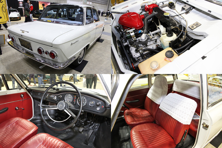 この「スズキ・フロンテ800デラックス」は、1969年1月初度登録の最終モデル。出展したオートサークルがボディーからエンジンまですべてに手を入れているが、欠品もほとんどなく、コンディションは上々だったという。写真左上はリアビュー。以下時計回りに、41PS、8.1kgf・mを発生する785cc 3気筒水冷2ストロークエンジン。ラジエーターがバルクヘッド直前に位置するレイアウトもDKWに倣っている。運転席のみヘッドレスト部分まで延びたハイバックシートは、最終型のみの特徴。シンプルなインパネ。ギアボックスは4段コラムMTである。