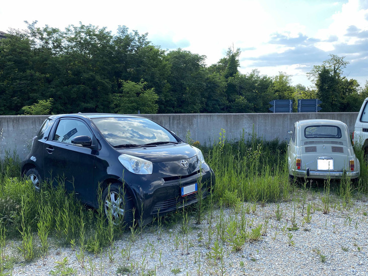 「iQ」の近影その2。周囲の雑草が哀愁を増幅する。2020年6月にシエナにて。