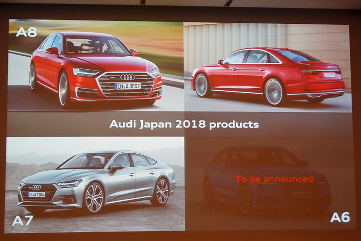 発表会では、新型「アウディA8」「同A7」の導入についても言及された。写真は、そのスライド資料の一部。