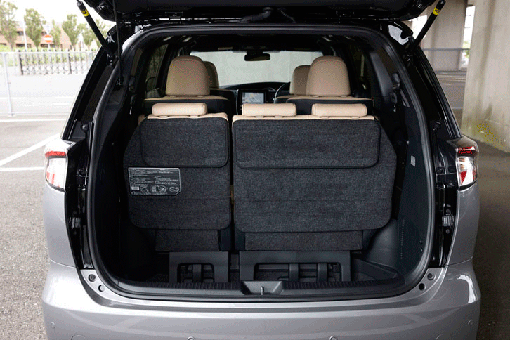 荷室は、3列目シートを床下に収納し、さらに2列目シートを前方にスライドさせることで、積載容量を拡大できる。（写真をクリックするとシートアレンジが見られます）