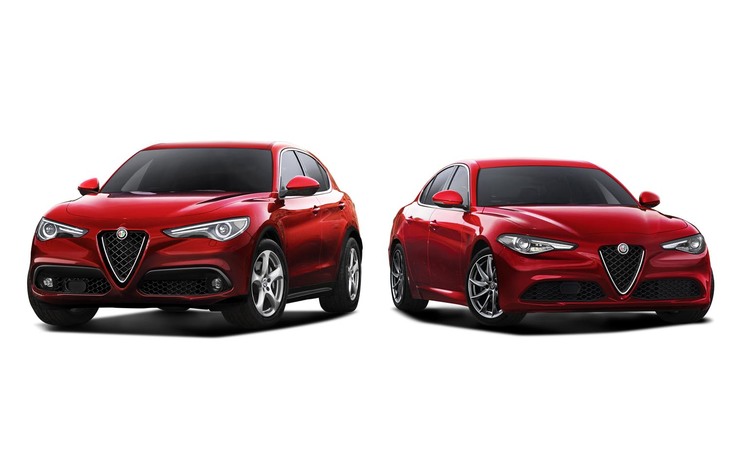 アルファ・ロメオの「ステルヴィオ」（写真左）と「ジュリア」（同右）。ボディーの形状は違うものの、フロントのデザインはよく似ている。