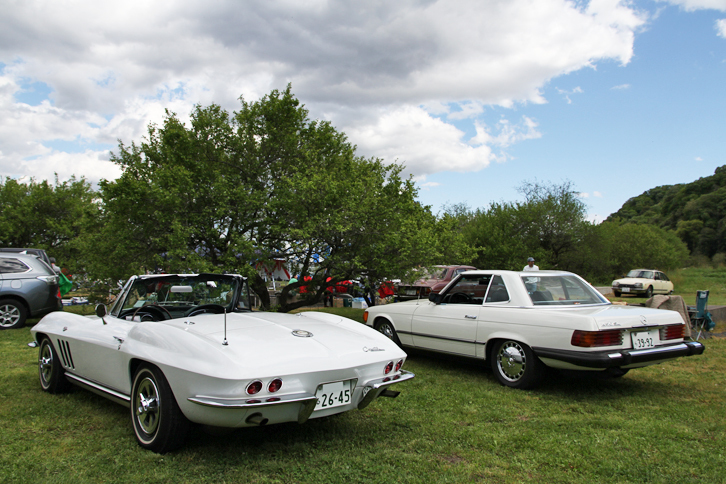 新車のように美しい1965年「シボレー・コルベット スティングレイ」（左）と北米仕様の75年「メルセデス・ベンツ450SL」（右）。