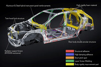 新型「RX」の車体骨格。「GA-K」プラットフォームはリアサスペンションまわりを新開発としている。アッパーボディーも構造用接着剤やレーザースクリューウェルディングなどを多用することで、剛性の強化を図っている。