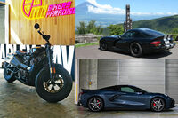 左は南箱根で日本初披露された「ハーレーダビッドソン・スポーツスターS」の図。右上はその道中で「ダッジ・バイパー」を記念撮影の図。そんで右下が、本年の私的カー・オブ・ザ・イヤーにございます。（堀田）