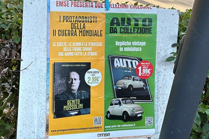 シエナ郊外の雑誌スタンドで。『第2次世界大戦の主役たち』と題したシリーズの第1巻表紙はベニート・ムッソリーニである。ファシズムに関して記述した出版物は、史料としての見地であれば問題ないという認識がなされている。2024年8月撮影。