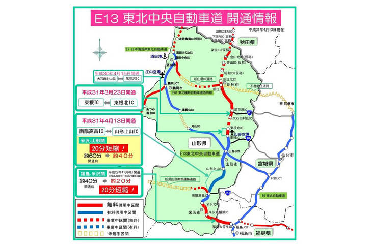 2019年4月13日現在のE13東北中央自動車道開通情報。このたび、南陽高畠ICから山形上山ICまでの24.4kmが開通した。山形県ホームページより。