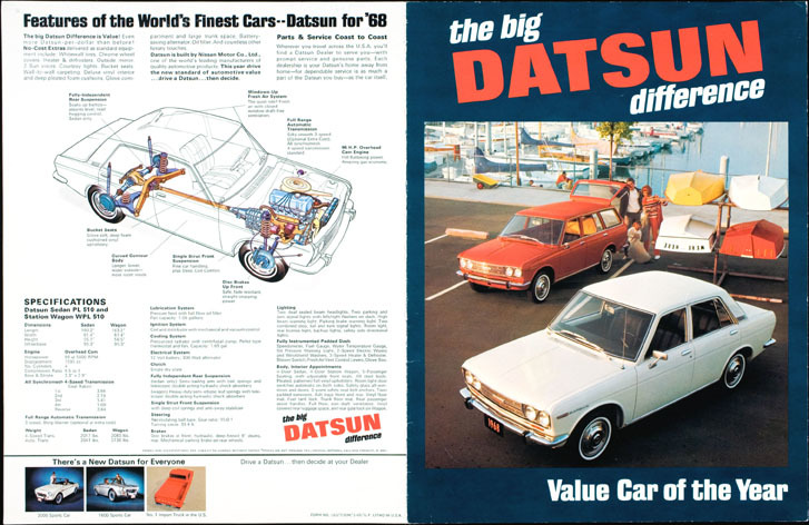1968年の「ダットサン510」（日本名：ブルーバード）のカタログ。日産は米国に片山 豊を派遣。販売網の整理が功を奏し、実績を伸ばしていった。