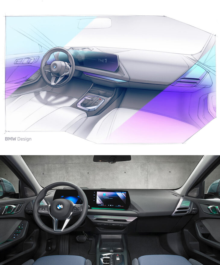 新型「1シリーズ」のデザインスケッチと実車のインテリア。