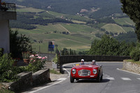 「シアタ・ディナ・グランスポルト・スパイダー」（1951年）が、ブドウ畑のワインディングロードを行く。