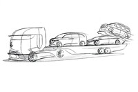 ゴーデン・ワグネルが描いてくれたスケッチ。大型の水素トラックの荷台に積まれているのは、（左から順に）ピギーバックバン、セダン、そしてSUVの「Gクラス」。