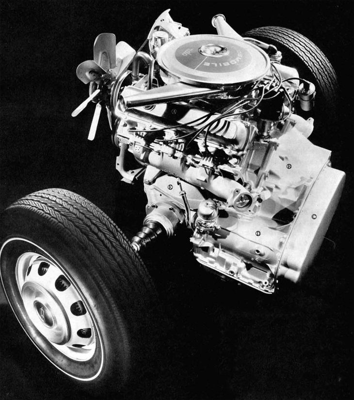 「トロネード」のFFパワートレイン。V8エンジンの後方にトルクコンバーターを置き、そこから幅が約5cmもあるチェーンでエンジンの左側にあるトランスミッションにトルクが伝えられ、その前方のファイナルドライブを介して前輪を駆動する。