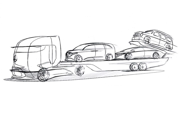 ゴーデン・ワグネルが描いてくれたスケッチ。大型の水素トラックの荷台に積まれているのは、（左から順に）ピギーバックバン、セダン、そしてSUVの「Gクラス」。