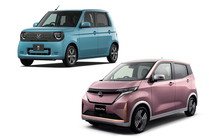 「日産サクラ」（写真右下）と「ホンダN-ONE e：」（同左上）。日本メーカーの擁する軽乗用EVはハイトワゴンばかり。これからデビューするスズキの新型軽EVも、ハイトワゴンとされている。