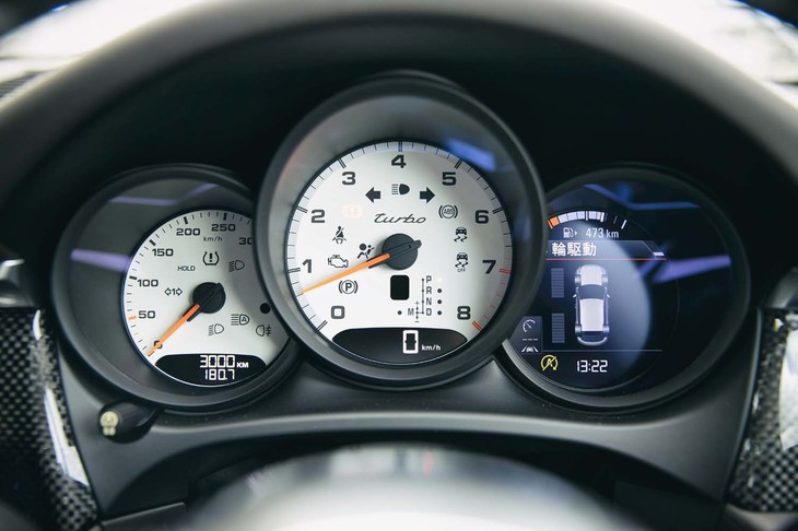 機械式のエンジン回転計を中心に据えたメーターパネル。レブリミットは6800rpm。