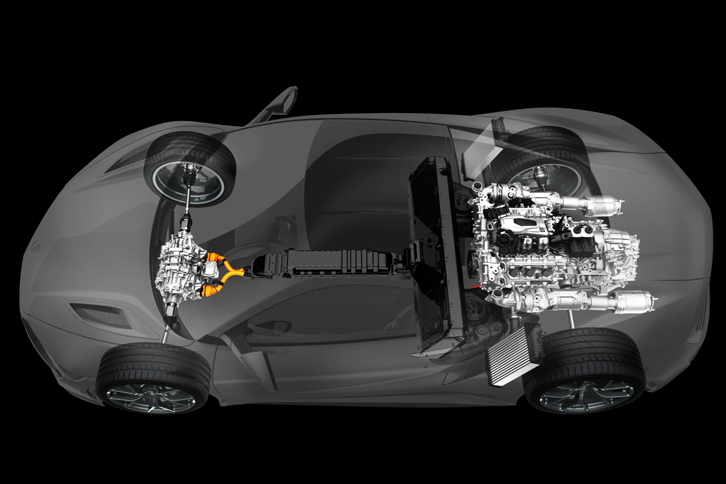 新型「NSX」のパワーユニットのレイアウト。同車の生産は、9段DCTや「ツインモーターユニット」などのエレクトリックデバイスは日本の浜松製作所で、エンジンは米オハイオ州のアンナ工場で、車両の組み立ては同州の「パフォーマンス・マニュファクチュアリング・センター」で行われる。