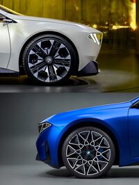 これもショーカーと市販車とで大きく異なる、フロントのシルエット。「ビジョン ノイエクラッセ」は顔全体が逆スラントしていたが、新型「i3」ではヘッドランプまわりが申し訳程度にそうなっているだけだ。