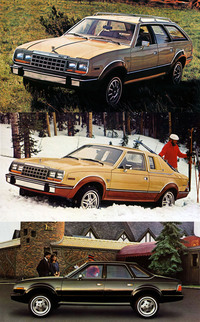 「AMCイーグル（シリーズ30）」。上からワゴン、2ドアセダン、4ドアセダンで、パワートレインは4.2リッター直6エンジン＋3段AT＋フルタイム4WD。ワゴンは日本にも正規輸入されていた。