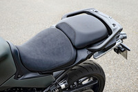 シート高は810mmと825mmの2段階で調整可能。タンデムシートの後方にはパニアケースを固定するスチールフレームが、左右の下部には制振ダンパーを備えたサイドケース用のステーが備わる。