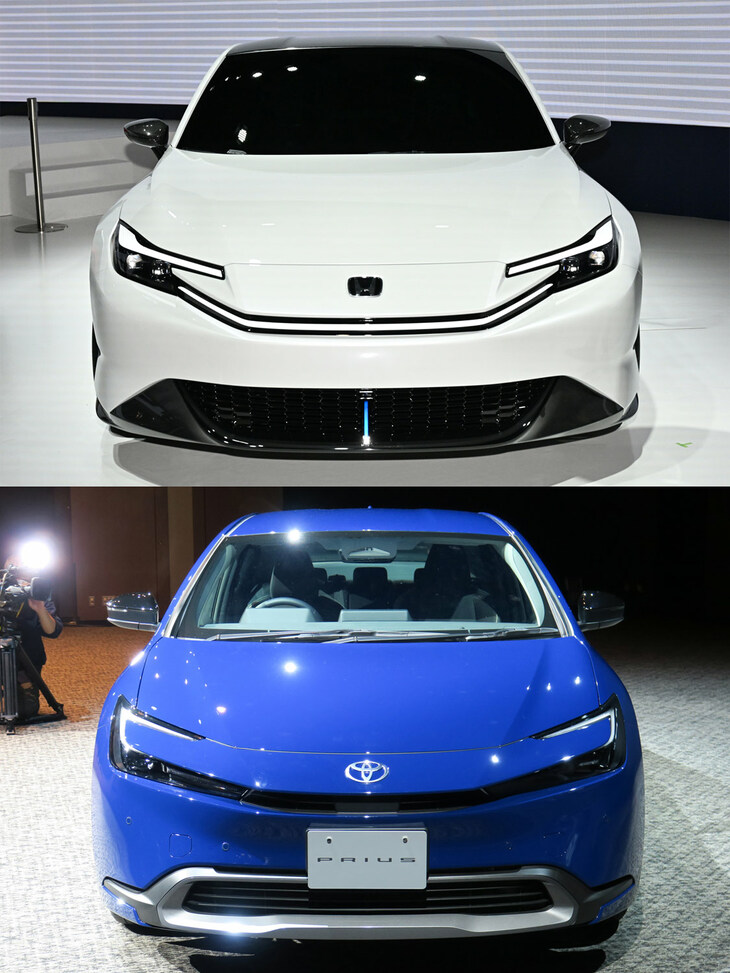 「ホンダ・プレリュード コンセプト」（上）と「トヨタ・プリウス」（下）。最近はやりの“ハンマーヘッド”スタイルのヘッドランプは共通しているが……。