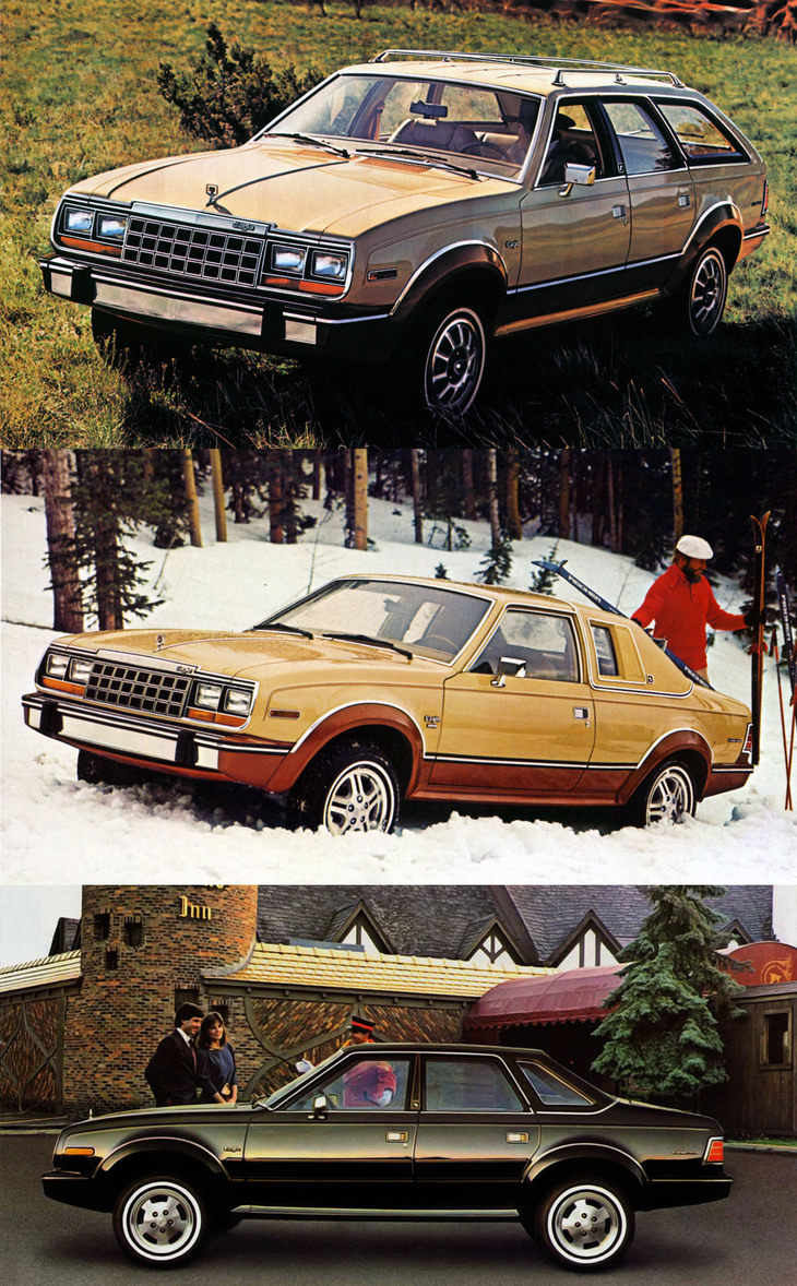 「AMCイーグル（シリーズ30）」。上からワゴン、2ドアセダン、4ドアセダンで、パワートレインは4.2リッター直6エンジン＋3段AT＋フルタイム4WD。ワゴンは日本にも正規輸入されていた。