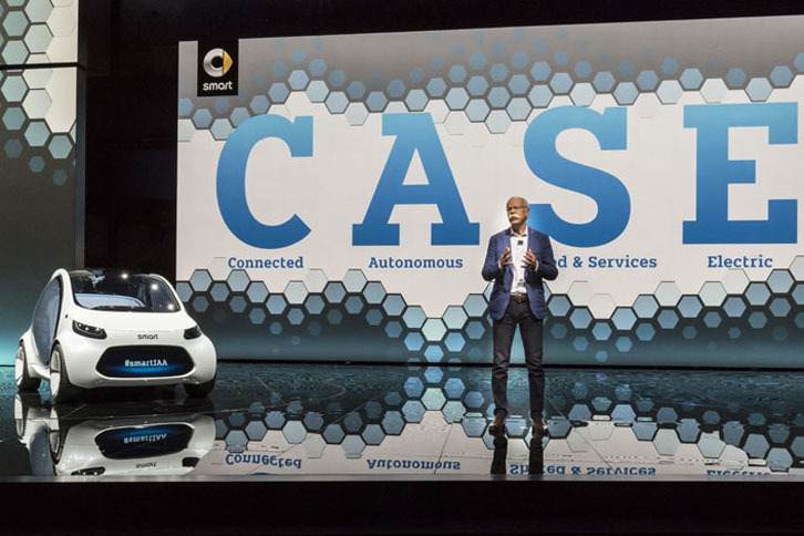 ダイムラーのディーター・ツェッチェ会長と「スマート・ビジョンEQフォーツー」。