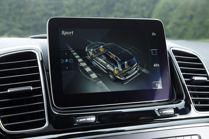 インストゥルメントパネルの中央に備わる8インチディスプレイ。カーナビやオーディオのほか、走行モードの設定も、この画面を介して行う。