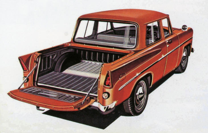 「スカイウェイ ライトバン」と同時にデビューした「スカイウェイ ピックアップ」（ALPE-1）。6人乗りのダブルピックアップで、最大積載量はこちらも500kg。バンともども、テールフィンを備えた商用車は珍しい。価格は83万円。